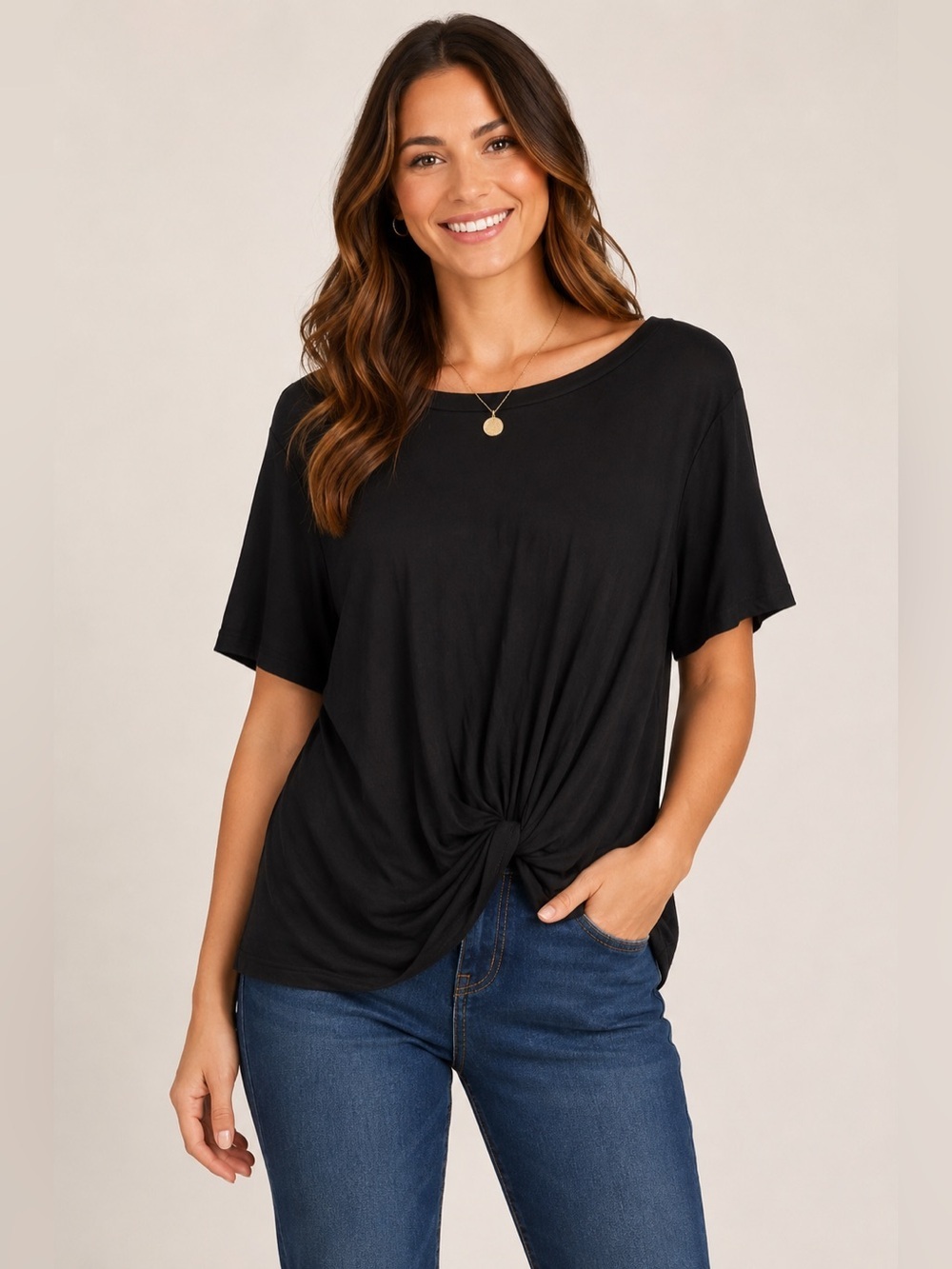 Smoke & Mirrors Black Twist Front Knot Top XL Rayon Stretch Short Sleeve Blouse